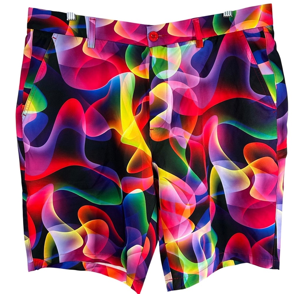 Hreski Mens 36 Golf Shorts Multi Color Psychedelic Abstract Neon Stretch Print